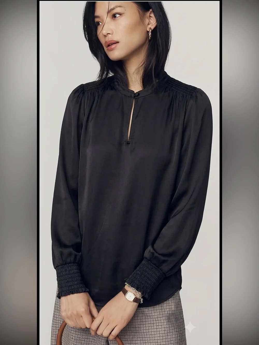 LOFT Black Satin Blouse Womens Size Small Smocked Long Puff Sleeve Fairy Goth
